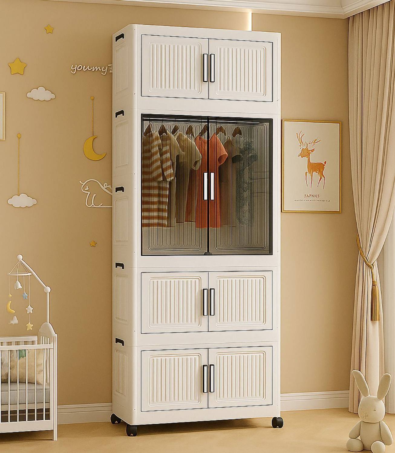 Sasimo 1-Wardrobe 4-Door 4-Shelf Plastic foldable Cupboard PC Collapsible Wardrobe