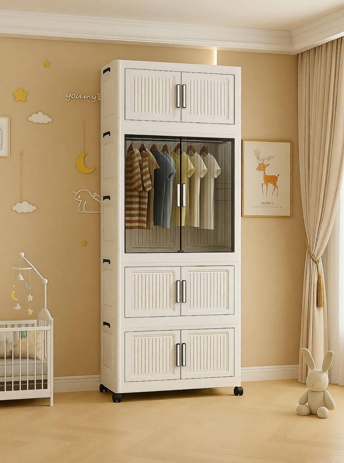 Sasimo 1-Wardrobe 4-Door 4-Shelf Plastic foldable Cupboard PC Collapsible Wardrobe
