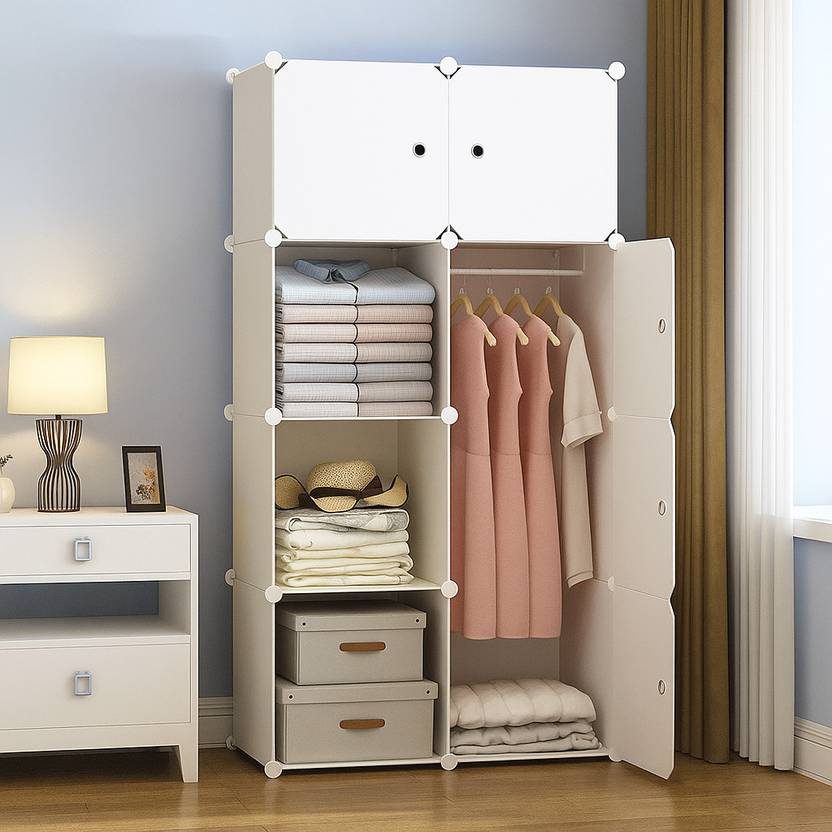Evrum 8-Door 8-Shelf Plastic almirah for kids, almirah of clothes ,cupboard PC Collapsible Wardrobe (Finish Color - WHITE.J4, DIY(Do-It-Yourself))