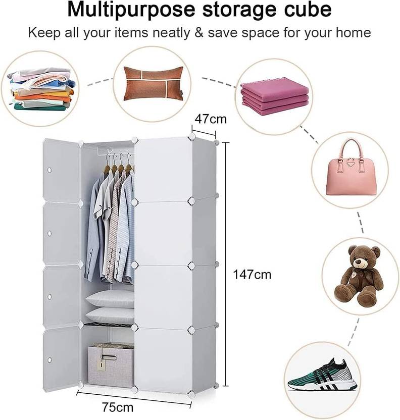 Evrum 8-Door 8-Shelf Plastic almirah for kids, almirah of clothes ,cupboard PC Collapsible Wardrobe (Finish Color - WHITE.J4, DIY(Do-It-Yourself))