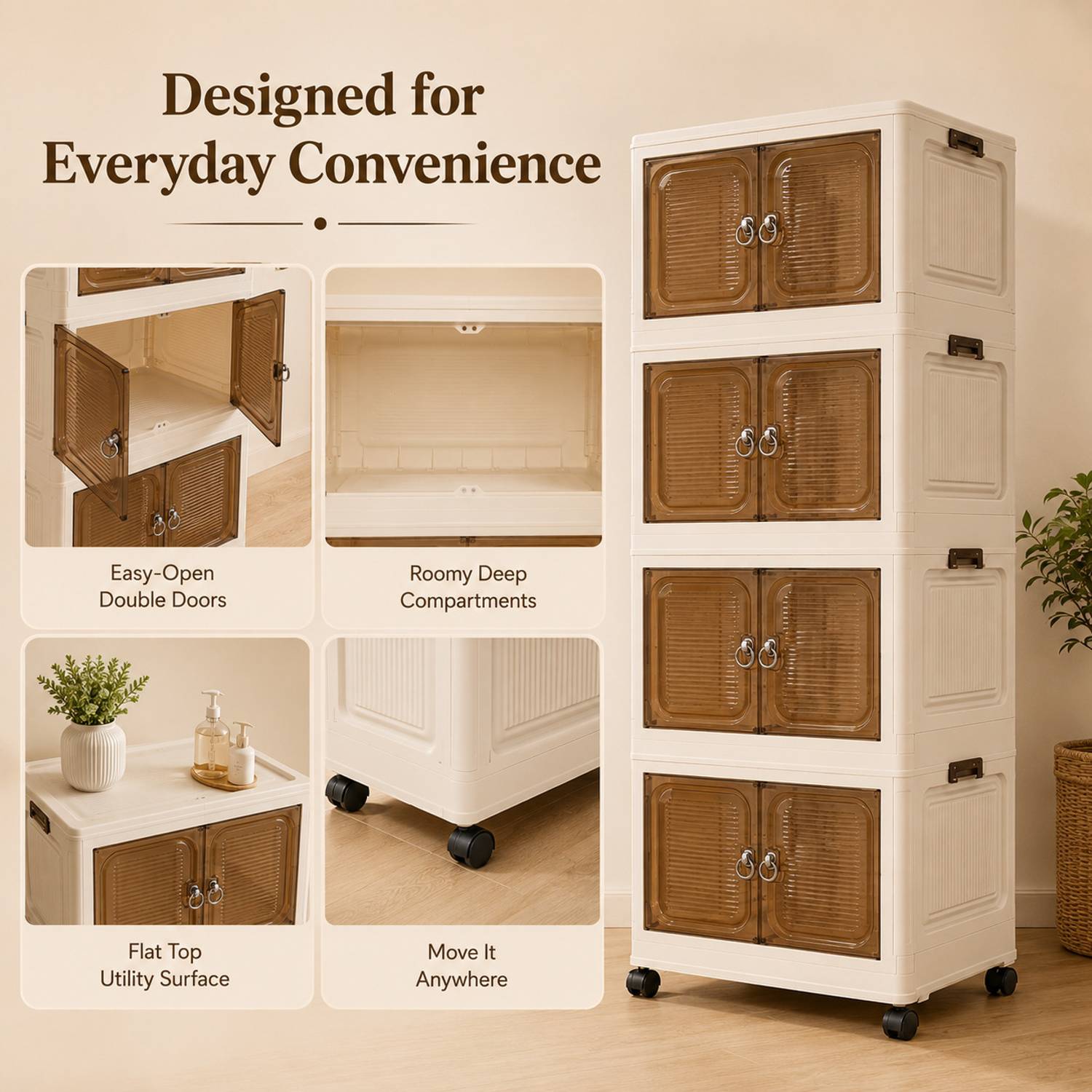 KriShyam ® 4 Layer Plastic Storage Cabinet with 4 Doors & Wheels PP Collapsible Wardrobe