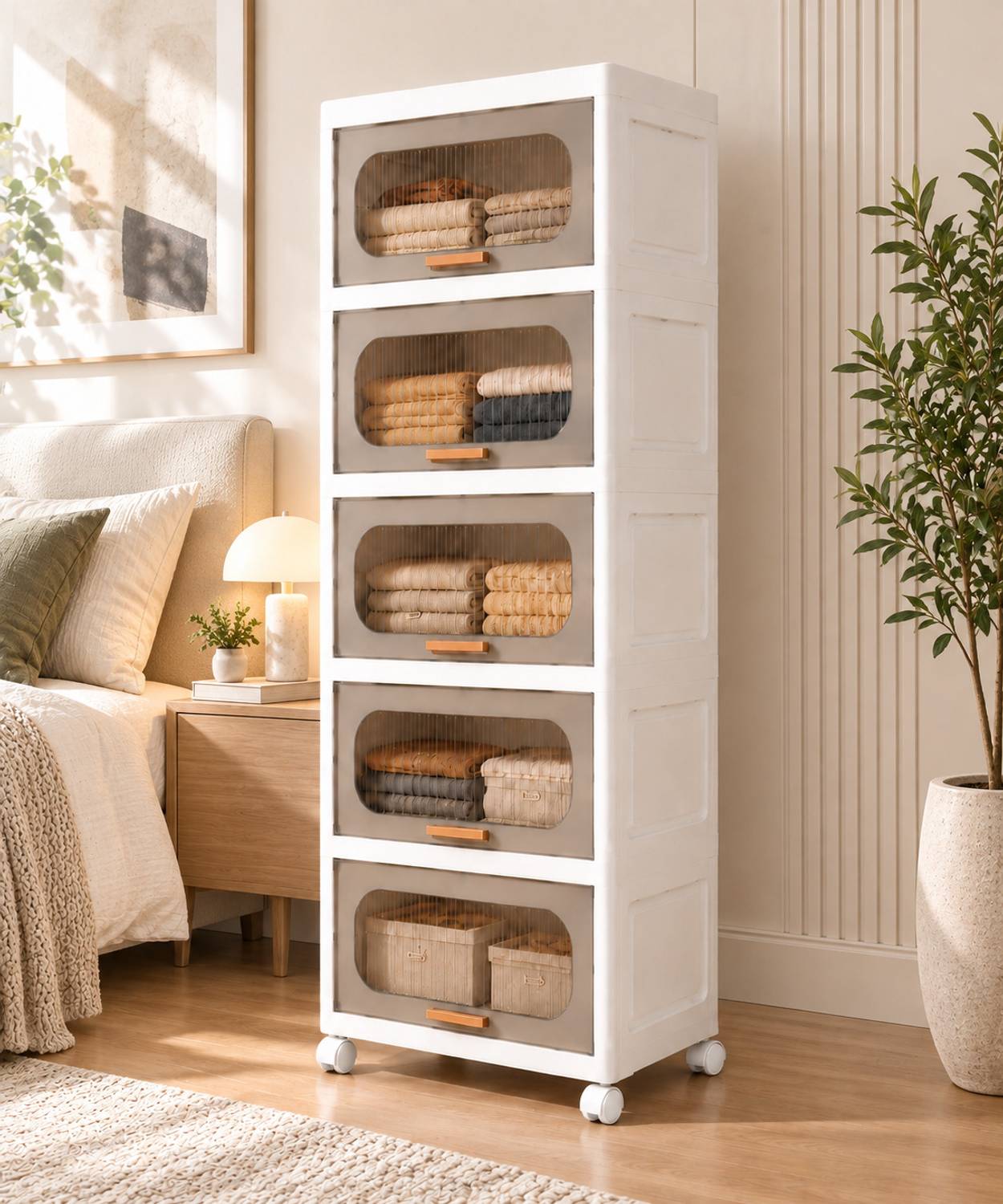 KriShyam ® 5-Layer Plastic Storage Cabinet with Lift-Up Doors & Wheels PP Collapsible Wardrobe