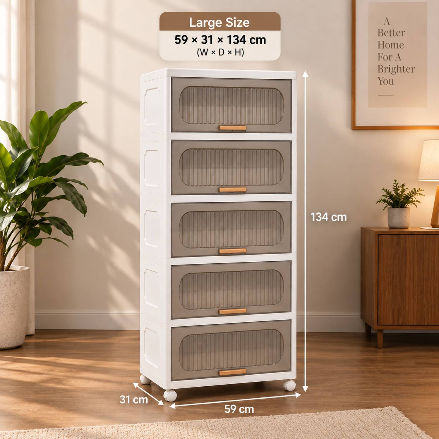KriShyam ® 5-Layer Plastic Storage Cabinet with Lift-Up Doors & Wheels PP Collapsible Wardrobe