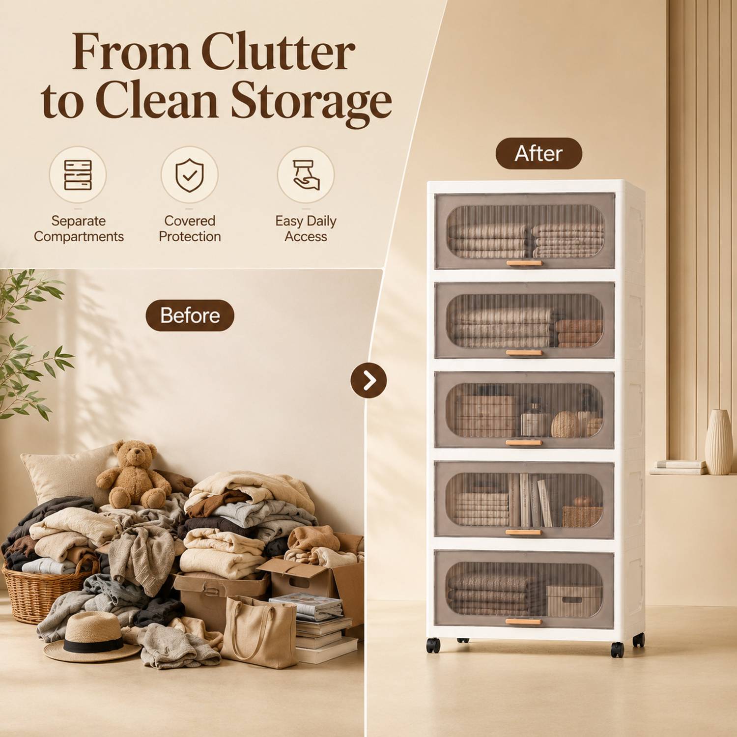 KriShyam ® 5-Layer Plastic Storage Cabinet with Lift-Up Doors & Wheels PP Collapsible Wardrobe