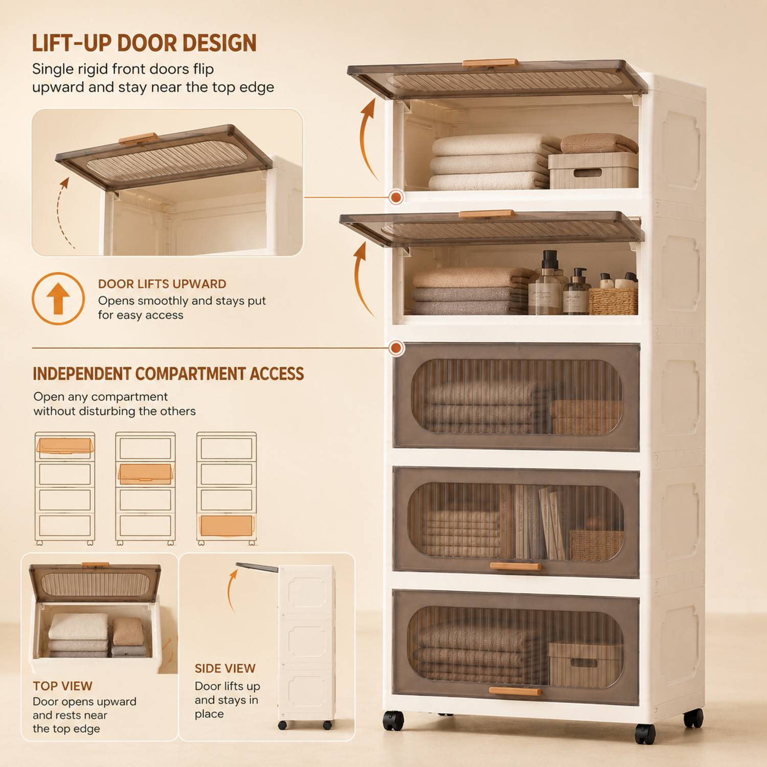 KriShyam ® 5-Layer Plastic Storage Cabinet with Lift-Up Doors & Wheels PP Collapsible Wardrobe